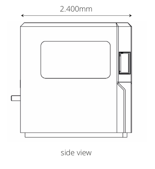 3D post print maskin - AM Solutions M2, sidovy, produktspecifikation och produktmått