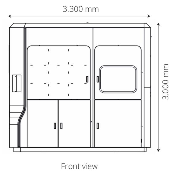 3D post print maskin - AM Solutions S2 - frontvy, produktspecifikation och produktmått
